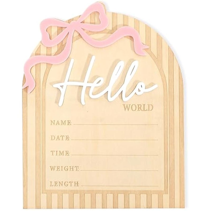 MIXDE Bow Hello World Wooden Board - Hospital Newborn Information Record,Birth Milestone Bulletin Board Photo Props,Sweet Pink Bow Nursery Decorations,Little Princess Hello World Announcement Sign - Image 1